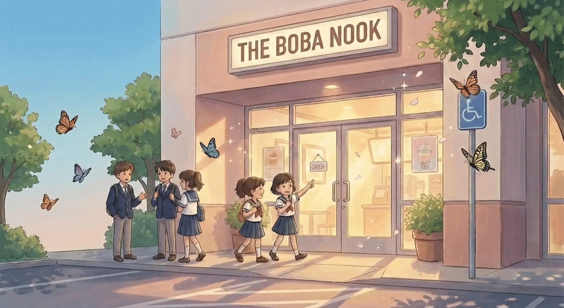 A cozy corner of Boba Nook with warm lighting and comfortable seating